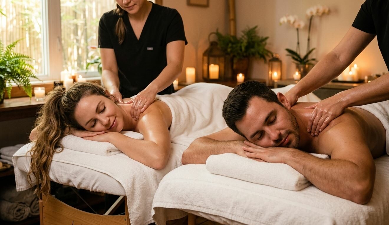 Massage en duo : deux personnes allongées côte à côte sur des tables de massage