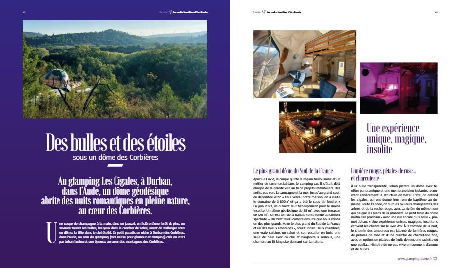 Double page du magazine Cœurs d'Oc sur Le Secret des Cigales : « Des bulles et des étoiles sous un dôme des Corbières »